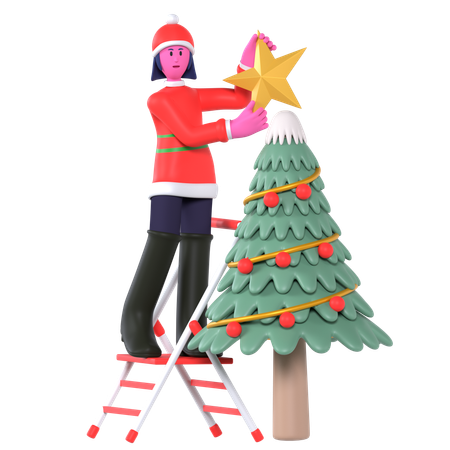 Christmas Girl Decorate Christmas Tree  3D Icon