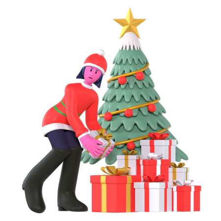 Christmas Girl Decorate Christmas Tree  3D Icon