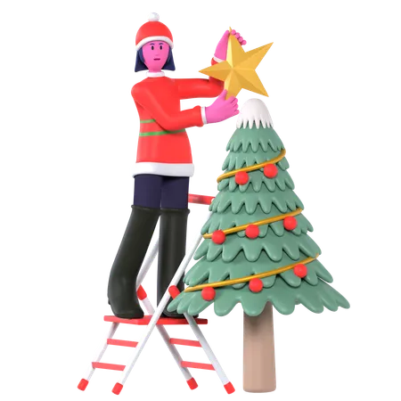 Christmas Girl Decorate Christmas Tree  3D Icon