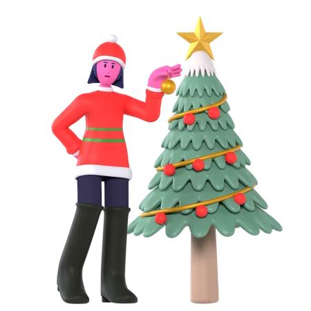 Christmas Girl Decorating Christmas Tree  3D Icon