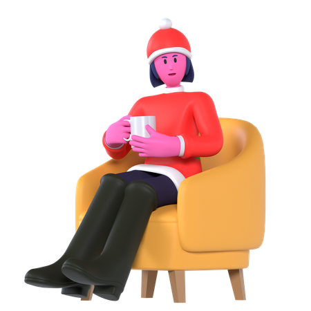 Christmas Girl Drinking Hot Chocolate In Sofa  3D Icon
