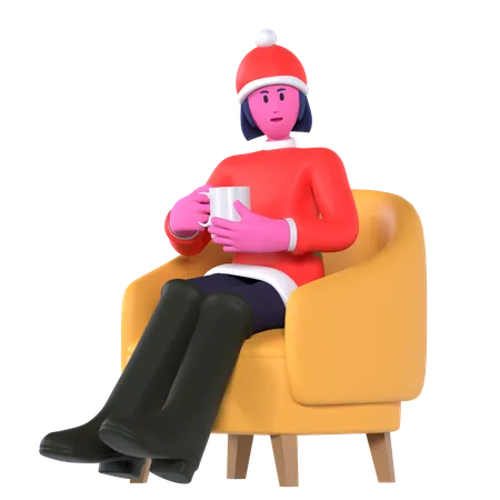 Christmas Girl Drinking Hot Chocolate In Sofa  3D Icon