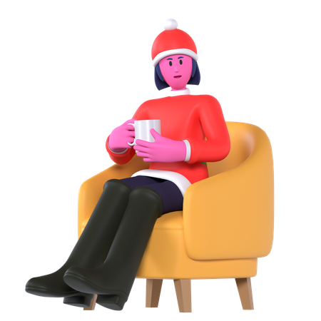 Christmas Girl Drinking Hot Chocolate In Sofa  3D Icon