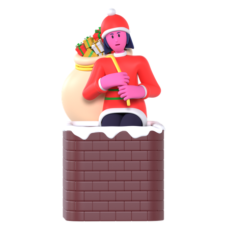 Christmas Girl Enter Chimney Carrying Gifts  3D Icon