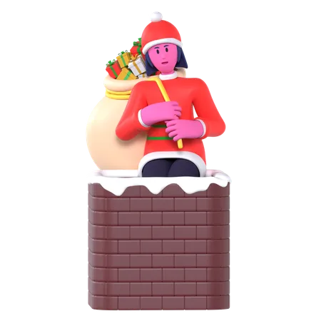 Christmas Girl Enter Chimney Carrying Gifts  3D Icon