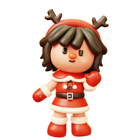 Cute Cartoon 3 D A Little Girl Smiling And Greeting Say Hi Hello Goodbye In Red Dress And Reindeer Antlers Happy New Year Decoration Merry Christmas Holiday New Year And Xmas Celebration 3D Icon