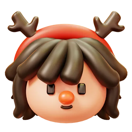 Cute Cartoon 3 D A Little Girl Smiling Head Face With Reindeer Antlers Happy New Year Decoration Merry Christmas Holiday New Year And Xmas Celebration 3D Icon