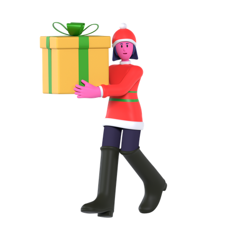 Christmas Girl Holding Big Gift Box  3D Icon