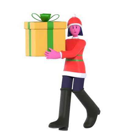 Christmas Girl Holding Big Gift Box  3D Icon