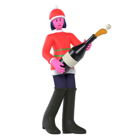 Christmas Girl Holding Bottle And Cheers Up  3D Icon