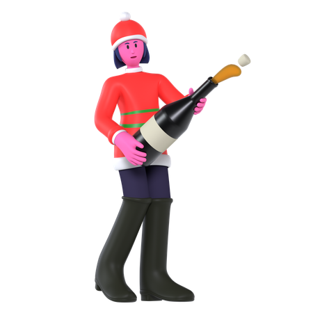 Christmas Girl Holding Bottle And Cheers Up  3D Icon