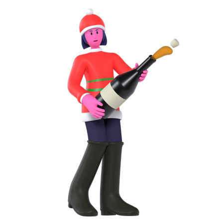 Christmas Girl Holding Bottle And Cheers Up  3D Icon