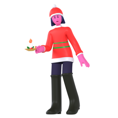 Christmas Girl Holding Christmas Candle  3D Icon