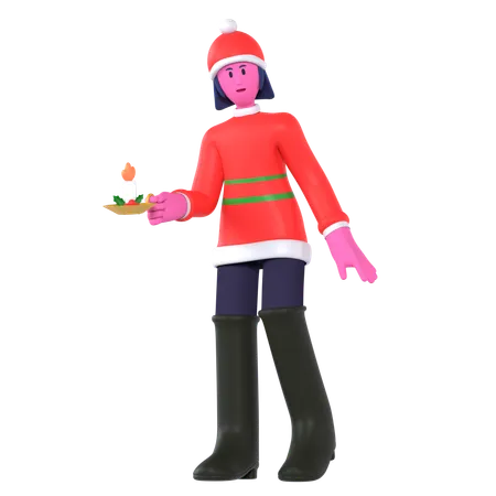 Christmas Girl Holding Christmas Candle  3D Icon