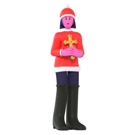 Christmas Girl Holding Cross  3D Icon