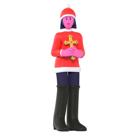 Christmas Girl Holding Cross  3D Icon