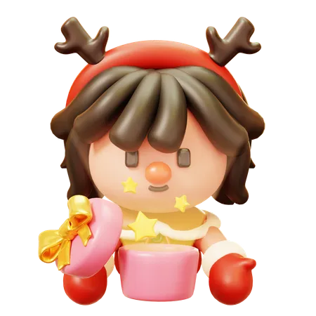Christmas Girl Opening a Gift Box  3D Icon