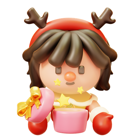 Christmas Girl Opening a Gift Box  3D Icon