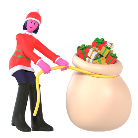 Christmas Girl Pulling Heavy Gift Bags  3D Icon