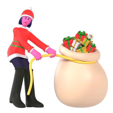 Christmas Girl Pulling Heavy Gift Bags  3D Icon