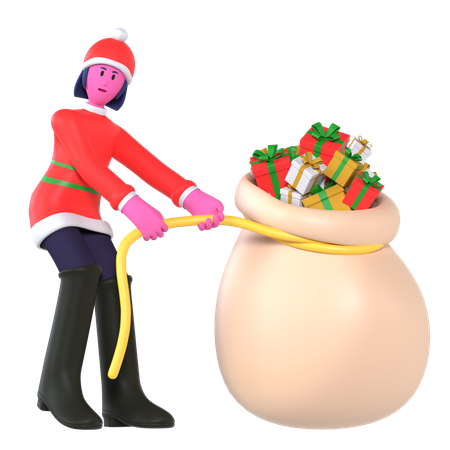 Christmas Girl Pulling Heavy Gift Bags  3D Icon