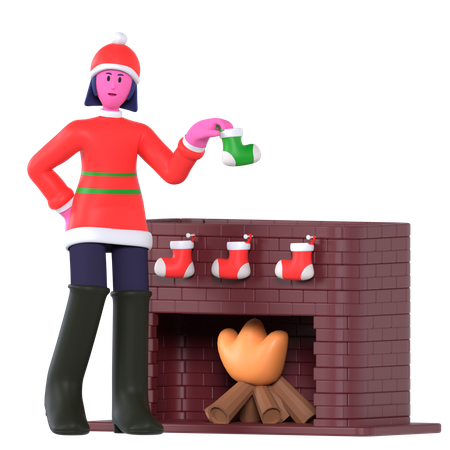 Christmas Girl Putting Socks In Fireplace  3D Icon