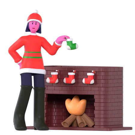 Christmas Girl Putting Socks In Fireplace  3D Icon