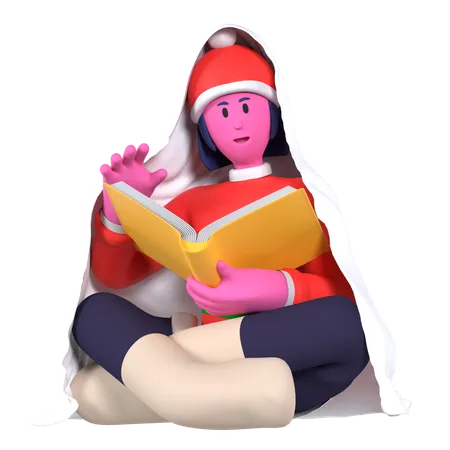 Christmas Girl Reading Book With Blanket  3D Icon