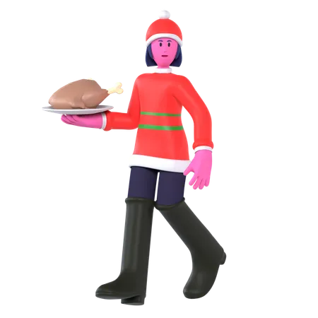 Christmas Girl Taking Christmas Dinner  3D Icon