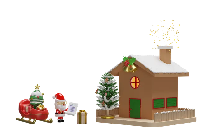 Santa Claus Is Checking Gift Boxes With Checklist Sleigh Christmas Tree House Fence Jingle Bell Gingerbread Man Candy Cane Merry Christmas And Happy New Year 3 D Render Illustration 3D Icon