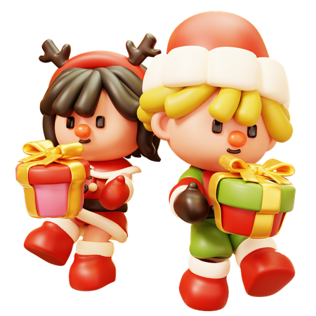 Christmas Kids with Gift  3D Icon