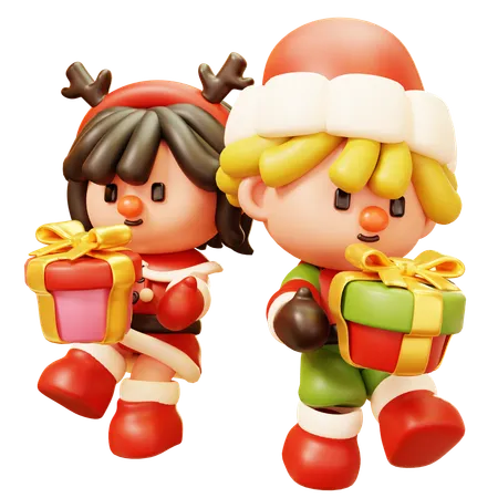 Cute Cartoon 3 D A Little Girl Smiling In Red Dress And Reindeer Antlers And A Little Boy Smiling In Red Green Sweater And Santa Hat Joyfully Holding A Gift Box Happy New Year Decoration Merry Christmas Holiday New Year And Xmas Celebration 3D Icon