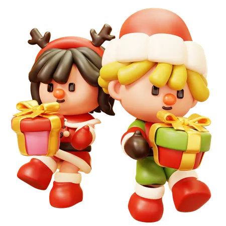 Christmas Kids with Gift  3D Icon