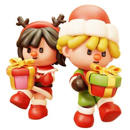Christmas Kids with Gift  3D Icon