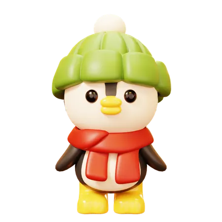 Cute Cartoon 3 D A Little Penguin Standingwith Red Scarf And Green Hat Happy New Year Decoration Merry Christmas Holiday New Year And Xmas Celebration 3D Icon