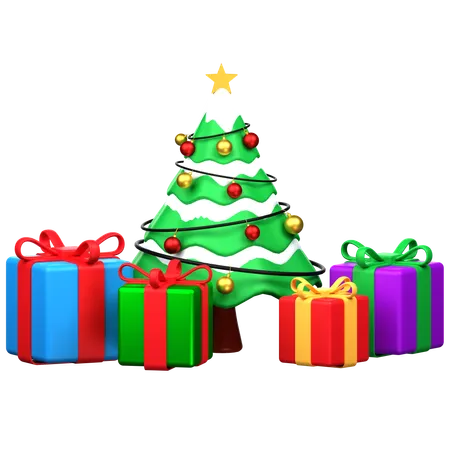 Christmas Pine Tree With Gift Boxes  3D Icon
