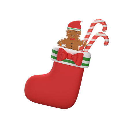 Christmas Red Sock With gingerbread man And Candy Cane  3D Icon