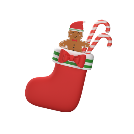 Christmas Red Sock With gingerbread man And Candy Cane 3D Illustration