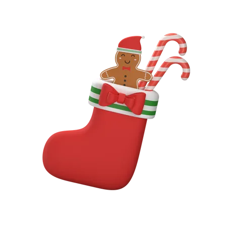 Christmas Red Sock With gingerbread man And Candy Cane 3D Illustration