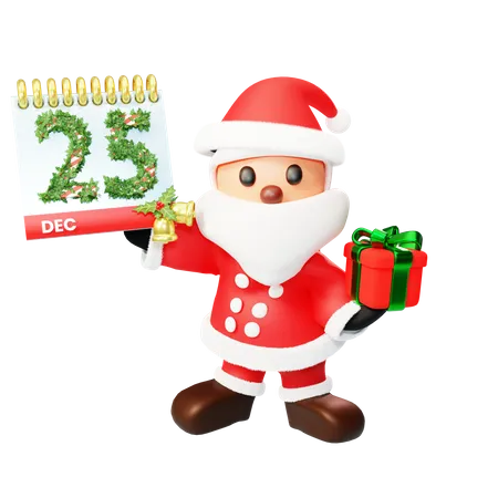 Christmas santa with calendar and gift  3D Illustration