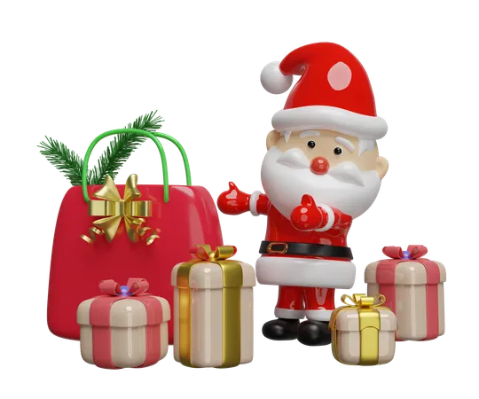 3 D Santa Claus With Shopping Paper Bags Gold Ribbon Pine Leaves Gift Box Merry Christmas And Happy New Year 3 D Render Illustration 3D Icon
