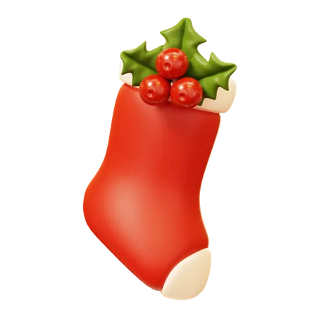 3 D Cute Cartoon Red Christmas Sock With Mistletoe For Christmas Gifts Winter Season Happy New Year Decoration Merry Christmas Holiday New Year And Xmas Celebration 3D Icon