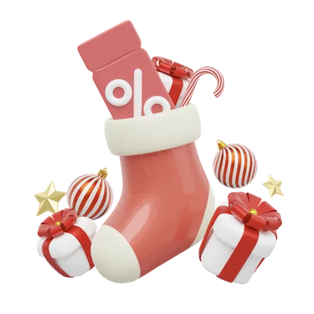 3 D Christmas Sock With Coupon Ball Gift Boxes Candy Cane Star Elements Of New Year On Transparent Special Discounts Time Flash Sale Limited Promotion Offer Concept 3 D Cartoon Smooth Render 3D Icon