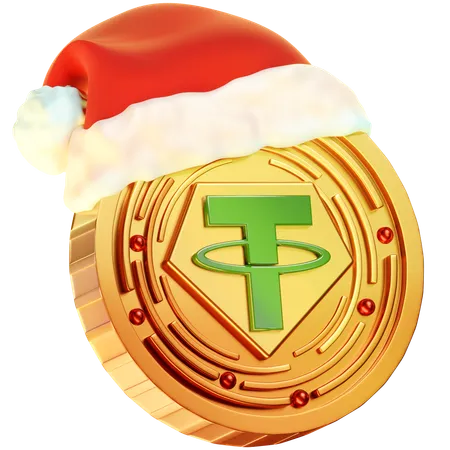 This 3 D Coin Icon Showcases A Golden Coin Featuring The Tether Logo And A Christmas Hat Blending The Holiday Spirit With The Tether Cryptocurrency Symbol 3D Icon