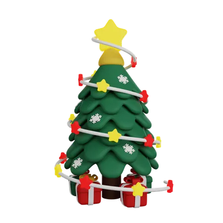 Christmas Tree With Decorations Star Lights And Presents 3 D Render 3D Icon
