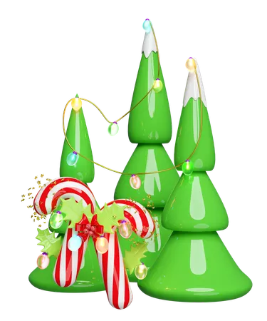 Candy Cane With Red Bow Holly Berry Leaves Christmas Tree Glass Transparent Lamp Garlands Merry Christmas And Happy New Year 3 D Render Illustration 3D Illustration