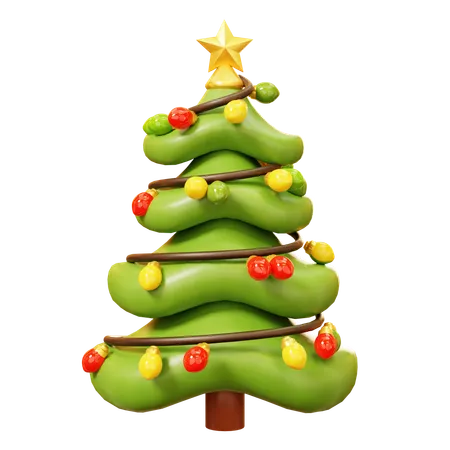 3 D Cute Cartoon Pine Christmas Tree Decorate With Light Bulb And Star Winter Season Happy New Year Decoration Merry Christmas Holiday New Year And Xmas Celebration 3D Icon