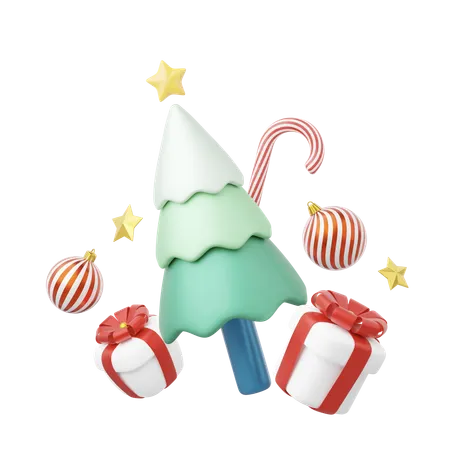 3 D Christmas Tree With Gift Boxes Star Ball Candy Cane Elements Of Merry Christmas On Transparent Special Discounts Promotion Of Marketing Concept Holiday Icon Cartoon Smooth 3 D Render 3D Icon