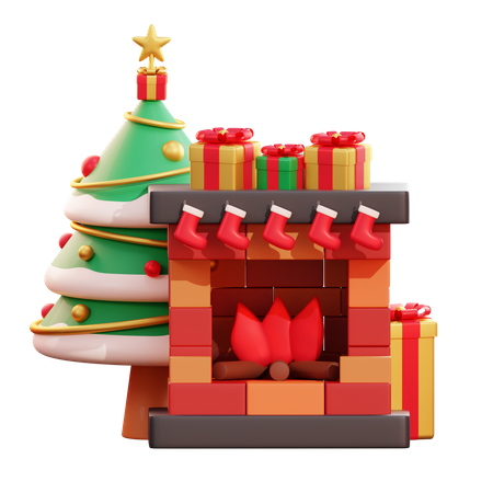 Christmas Tree And Fireplace  3D Illustration