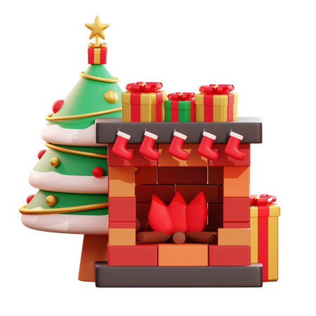 Christmas Tree And Fireplace 3D Illustration